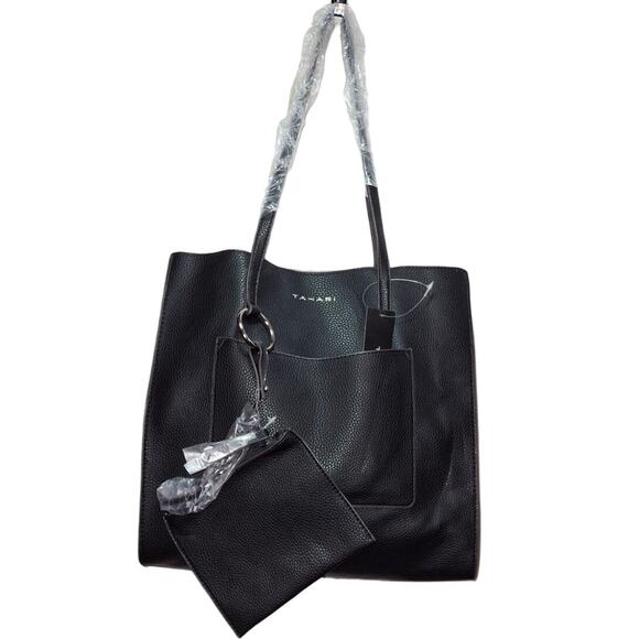 Tahari NWT Pebbled Shoulder Bag Wristlet Black Travel Tote Structured Elegant - Picture 1 of 14